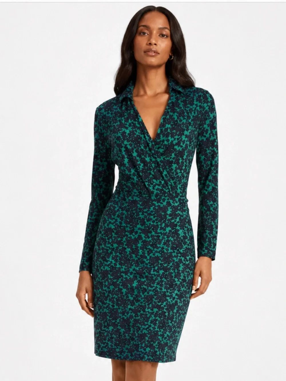 HOBBS London Teal & Navy Floral Wrap-Style Dress Size 2